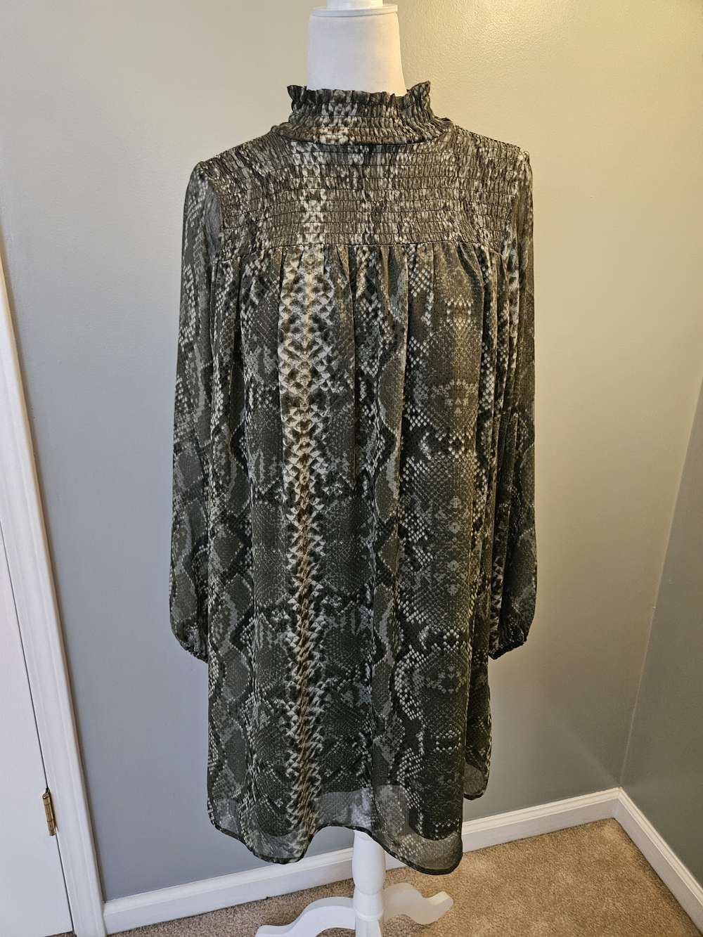 H&M Smocked High-Neck Python Print Mini Dress - Olive Women's size 12